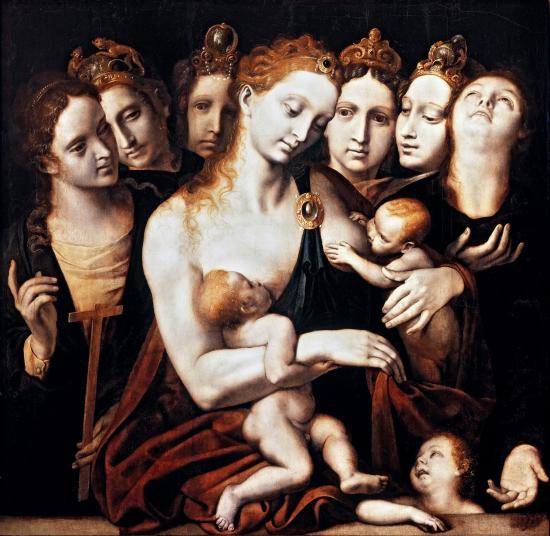 Obra con siete figuras femeninas, una de ellas amamantando a dos bebés