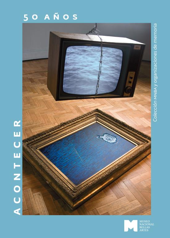 Portada de libro en color celeste, con una fotografía de un televisor colgando sobre el marco de un cuadro dispuesto en el suelo