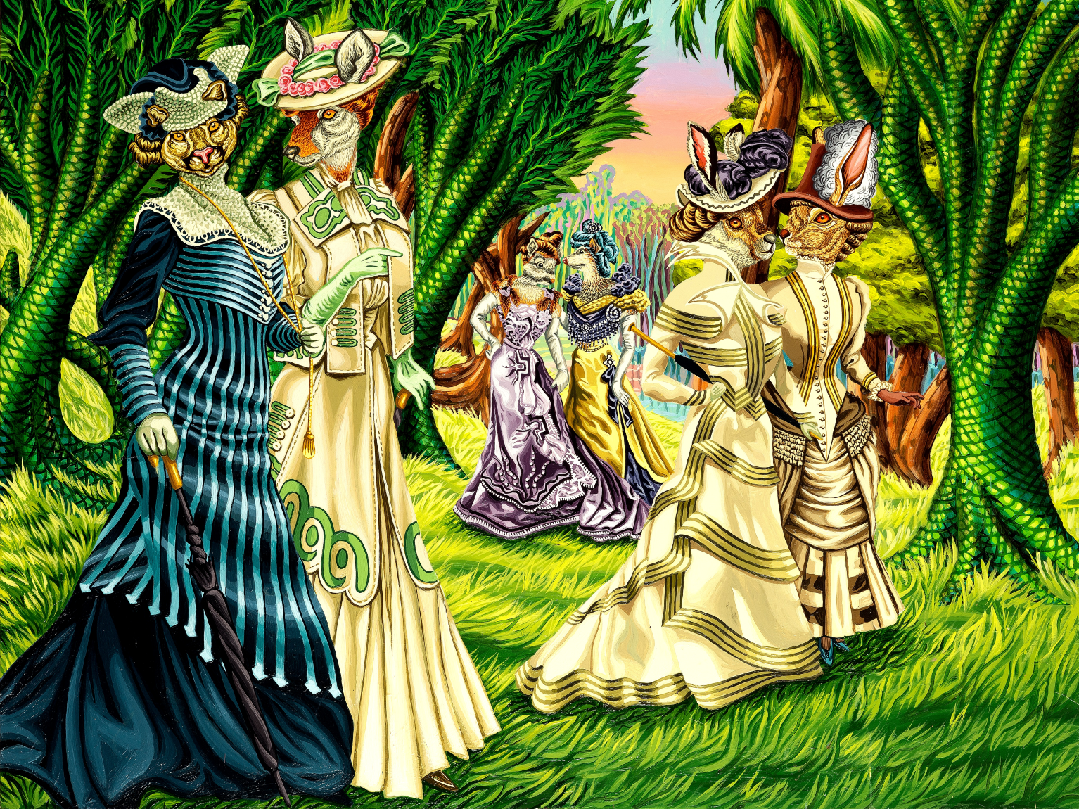 Ilustración con figuras femeninas con cabezas de animal y vestidos, paseando por un bosque