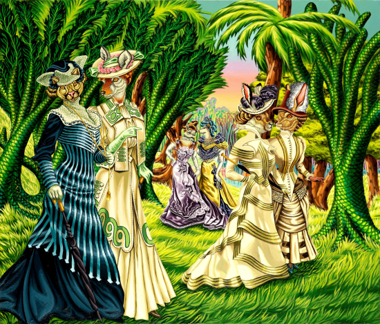 Pintura que representa a criaturas con cabeza de animal y cuerpo humano, vestidas al estilo victoriano, paseando por un bosque.
