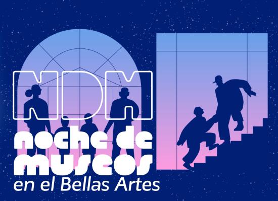 Noche de Museos en el Bellas Artes. Ilustración con fondo azul, se ven siluetas de personas junto a ventanas.