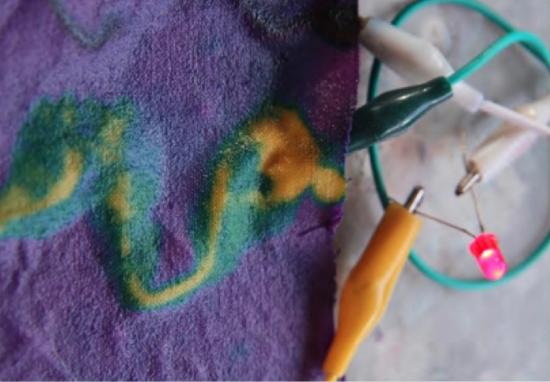 Taller de la artista Aruma, imagen de un textil en tonos púrpura, verde y amarillo, con conectores eléctricos